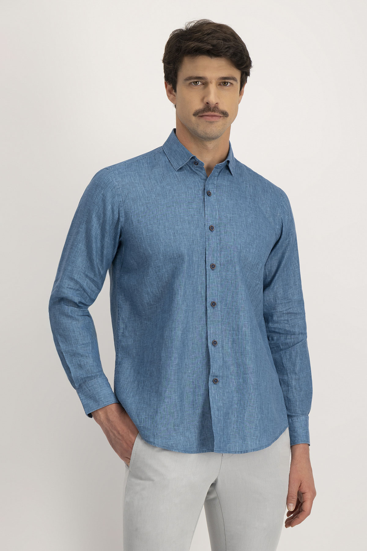 Camisa Casual LINEN Calderoni Azul Contemporary Fit