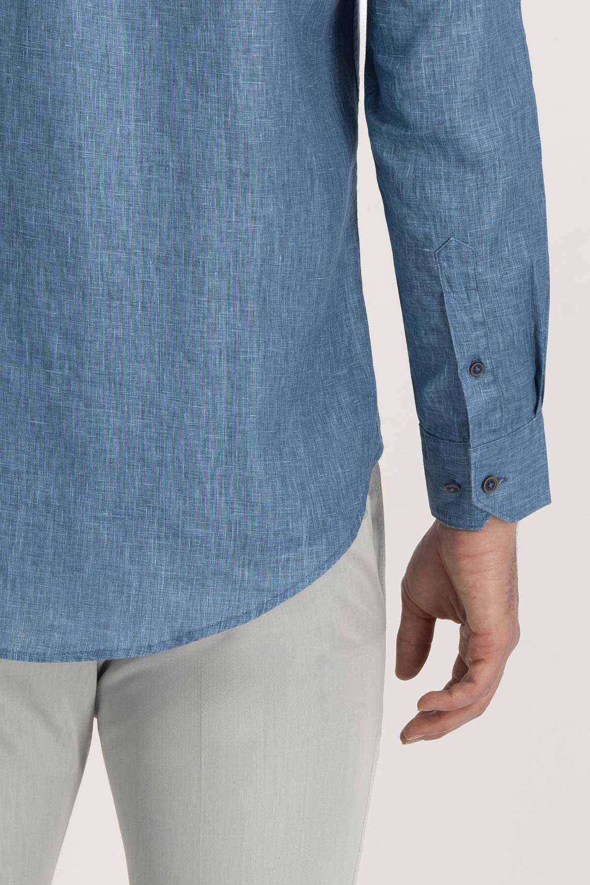 Camisa Casual LINEN Calderoni Azul Contemporary Fit