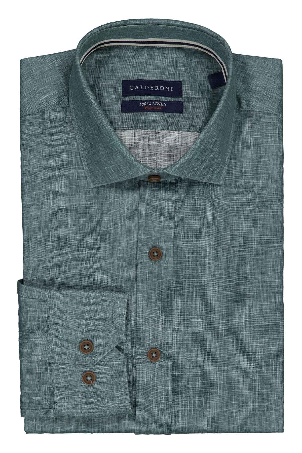 Camisa Casual LINEN Calderoni Verde Oscuro Contemporary Fit