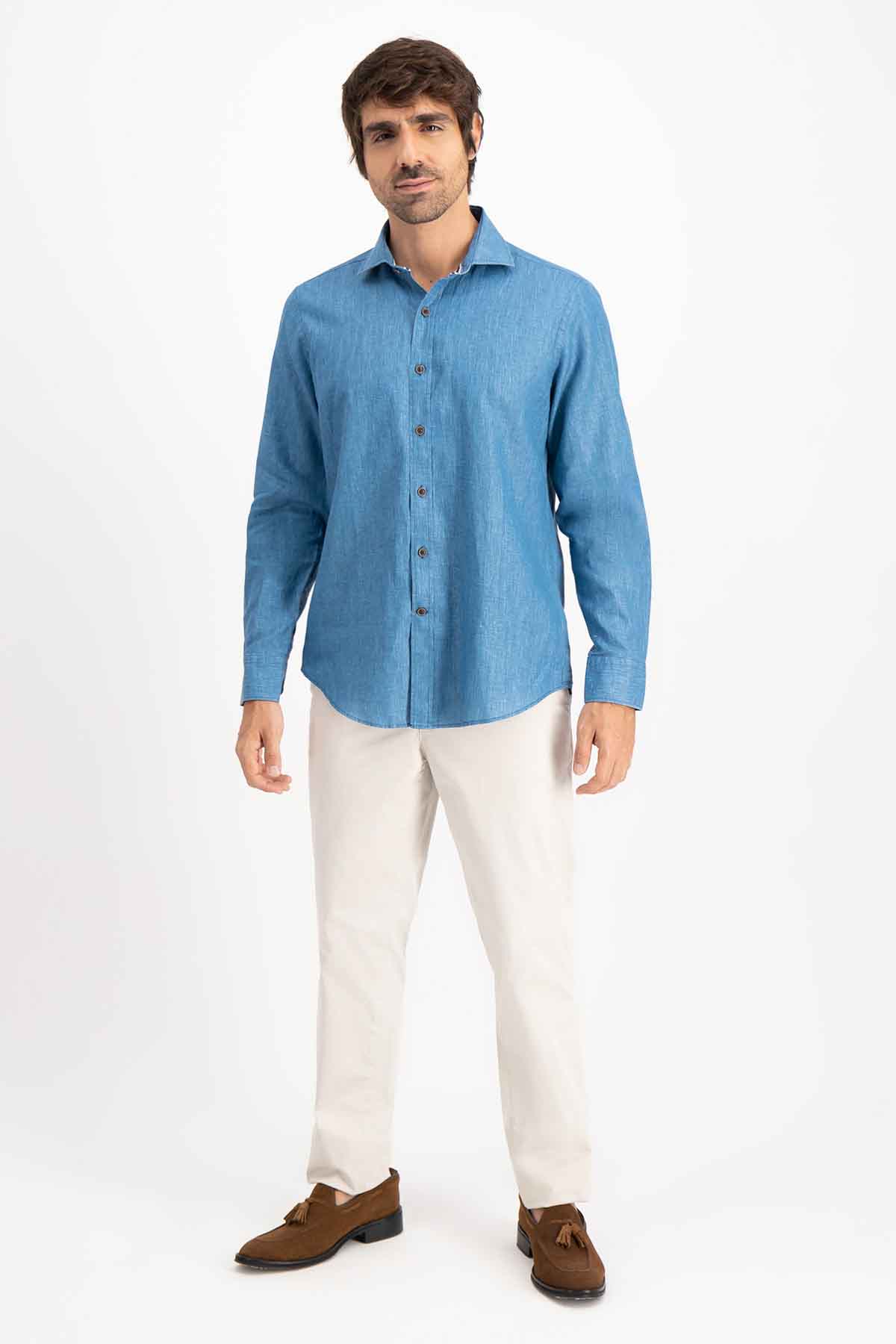 Camisa Paper Touch Calderoni Color Turquesa Slim Fit