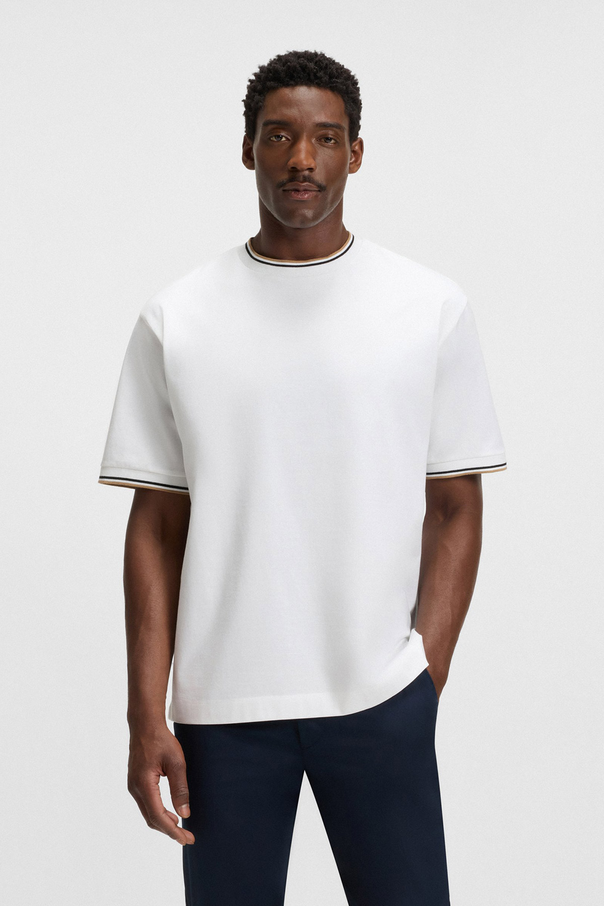 Camiseta De Algodón Mercerizado Con Puños A Rayas