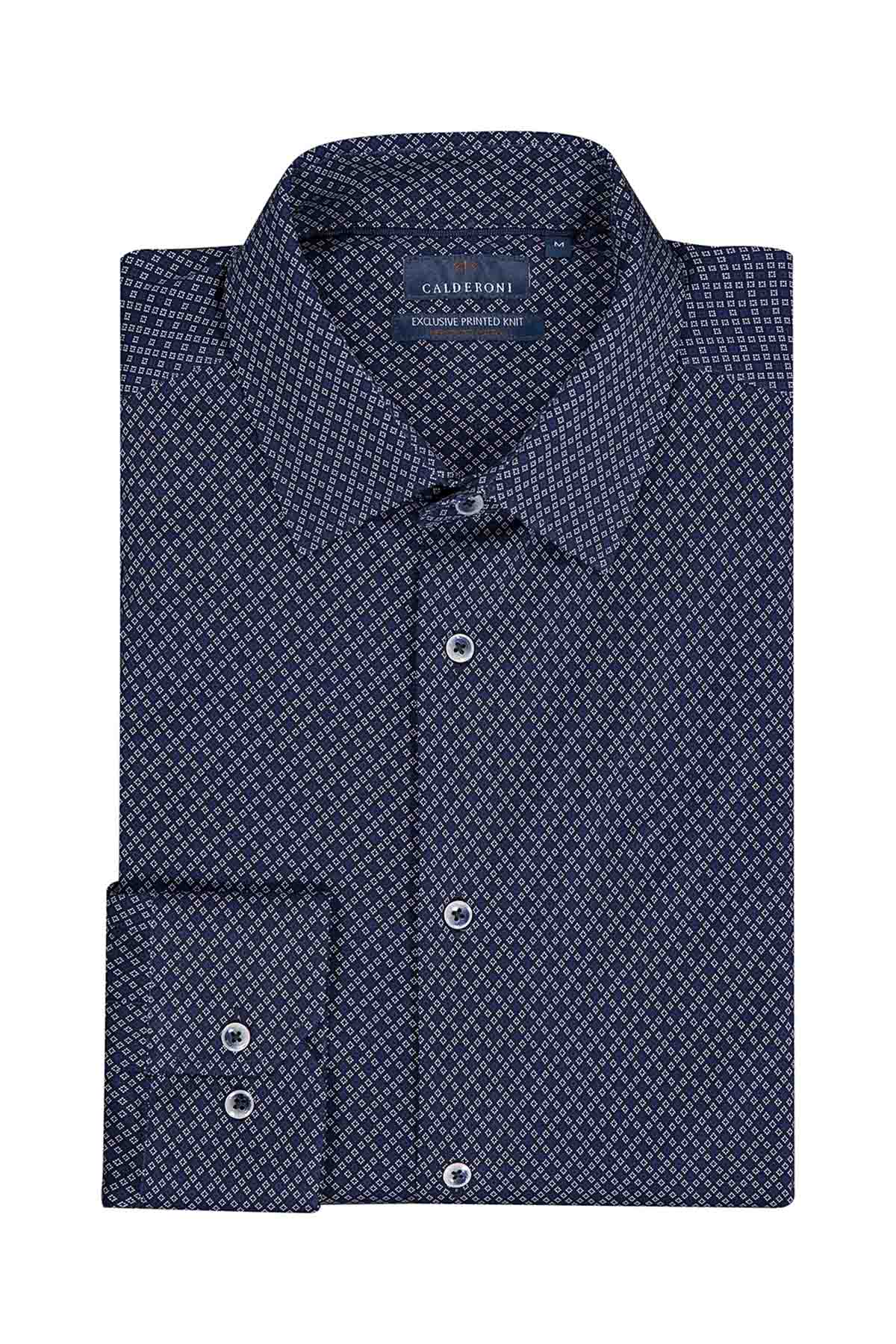 Camisa Knit Mercerized Cotton Calderoni Azul Marino Slim Fit