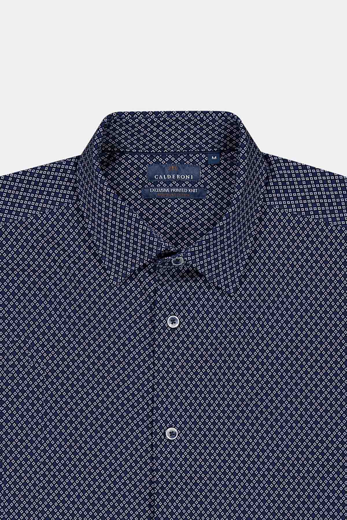 Camisa Knit Mercerized Cotton Calderoni Azul Marino Slim Fit
